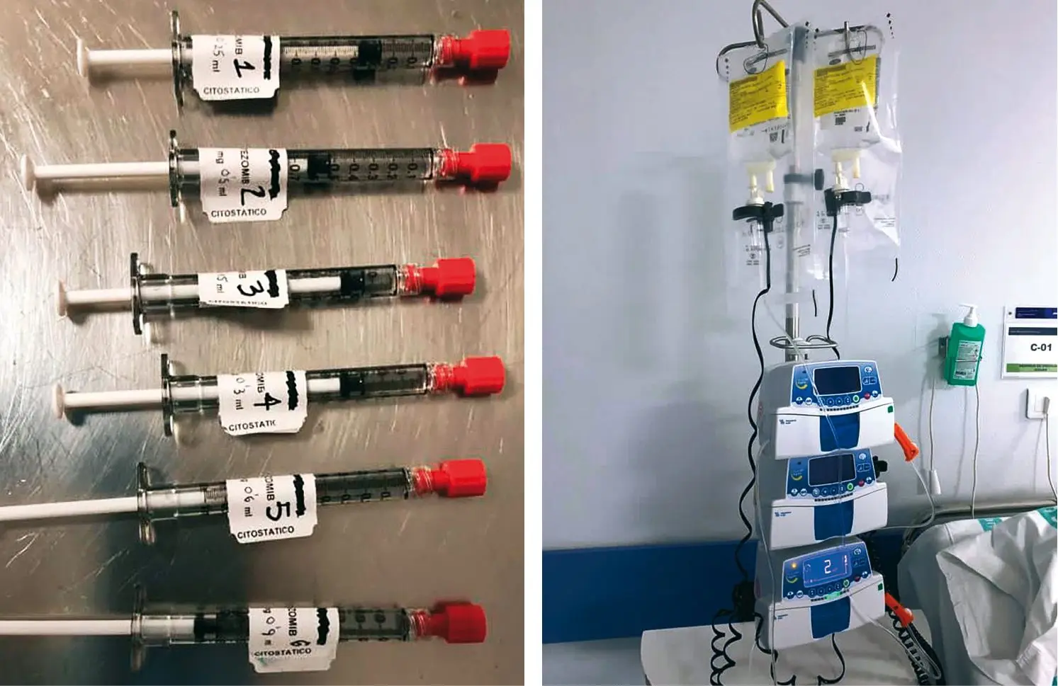 Material utilizado en desensibilización subcutánea a antineoplásicos (izquierda) e intravenosa (derecha).